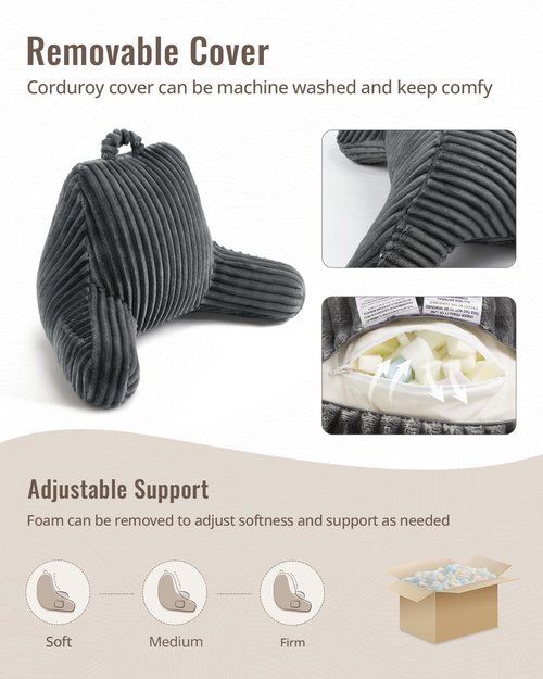 Blissful Diary Reading Pillow for Sitting in Bed, Flannel Back Pillow Bed Sitting Up for Adult & Children, Backrest Cushion for Sit Up in Couch or Floor, Dorm Essentials, Dark Gray