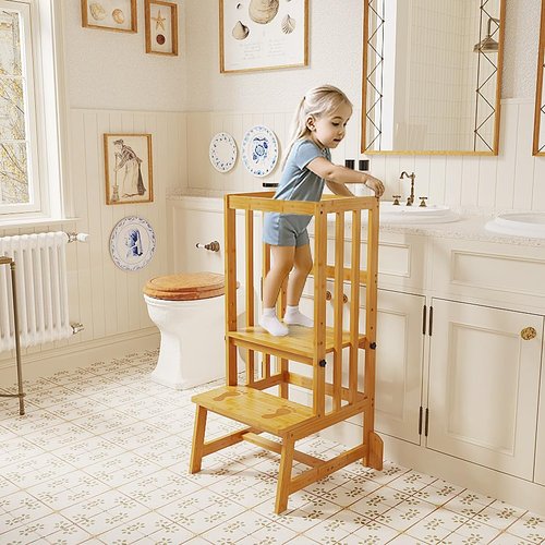 BAMBOOHOMIE Kids Kitchen Step Stool, Toddler Standing Tower Adjustable Height with Anti-Slip Feet, Toddlers Learning Step Stool Helper for Kitchen Counter or Bathroom Sink, Natural Bamboo