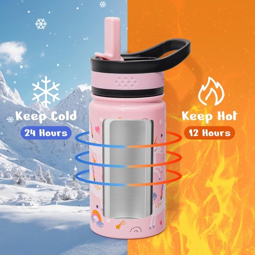 BUZIO Kids Water Bottle - 14oz Insulated Stainless Steel Thermo Cup with Straw Lid | Pink Unicorn Design