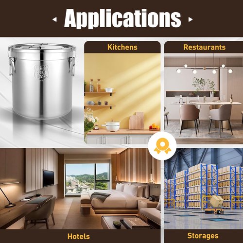 CeRaBuRET 8.7Gal 304 Stainless Steel Airtight Canister for Kitchen, 28-60Lbs Rice Cereal Grain Canisters Container, Metal Kitchen Rice Oil Storage Bucket for Household Food w/Handles+Lid (Silver-33L)