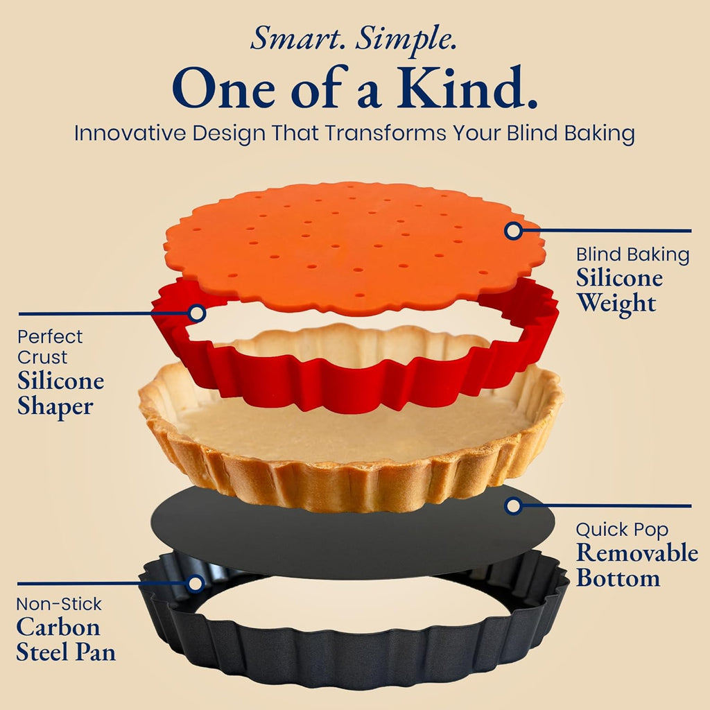 Patz&Patz 9-Inch All-in-One Fluted Tart Pan Set - Removable Bottom, Silicone Crust Shaper & Pie Weight | Nonstick Carbon Steel, PFOA & PTFE-Free