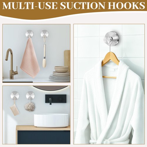 TACGEA Suction Cup Hooks for Shower, Removable Towel Hooks for Bathroom Window Glass, Powerful Vacuum Shower Hook for Towel, Robe, Loofah - 4 Pack, Sliver