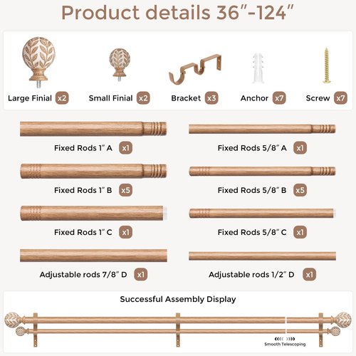 Wood Double Curtain Rod, Boho Decorative Long Dual Curtain Rods for Windows 84 to 120 Inch, 1" Adjustable Heavy Duty Double Rod, Unique Handmade Imitation Wood Grain Leaf Finial Design