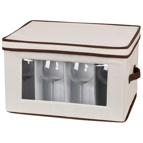 Household Essentials Wine Glass Storage Box, Strong Frame and Handles, Windowed Panel, Fully Removable Lid, Stackable and Foldable, Perfect for Wider Stemware
