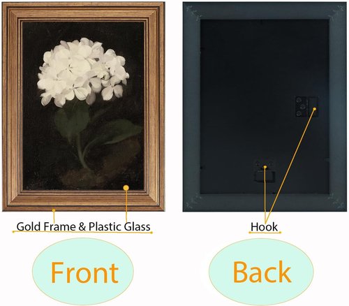 Gold Framed Vintage Wall Art - Hydrangea Flowers Canvas Print for Living Room & Kitchen Decor (9.5"x12")