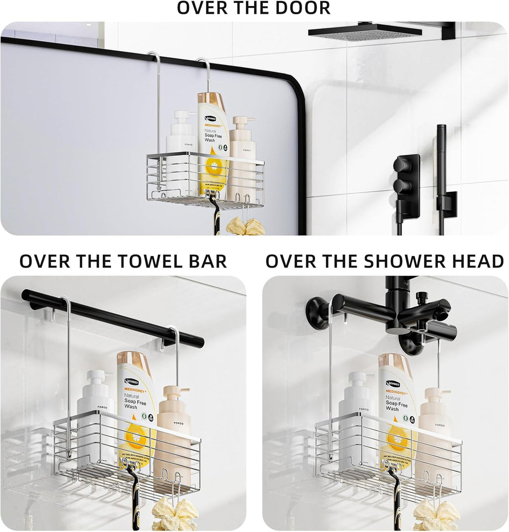 SHANSHUI Shower Caddy - Rustproof 304 Stainless Steel Bathroom Organizer with Hooks | Over Door Design
