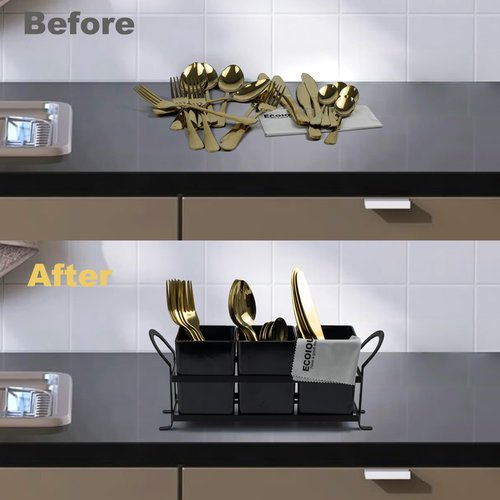 ECOIOU Cutlery Holder with Drain Holes, Dishwasher Safe Silverware Caddy for Party, Kitchen Counter, 3pcs Bins Set Countertop Utensil Holder for Spoons, Forks and Knives, Black