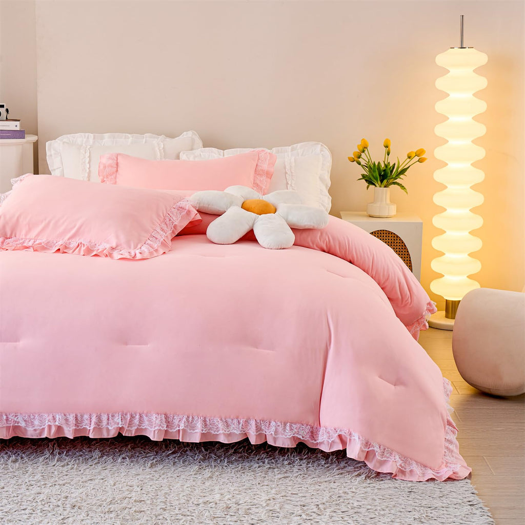 MOOWOO Chic Ruffle Lace Comforter Set -Girl Pink Bedding-2 Piece Twin Bed Quilt -Aesthetic Bedding,Ultra Soft and Durable,Fluffy Bed Comforter Sets for All Season