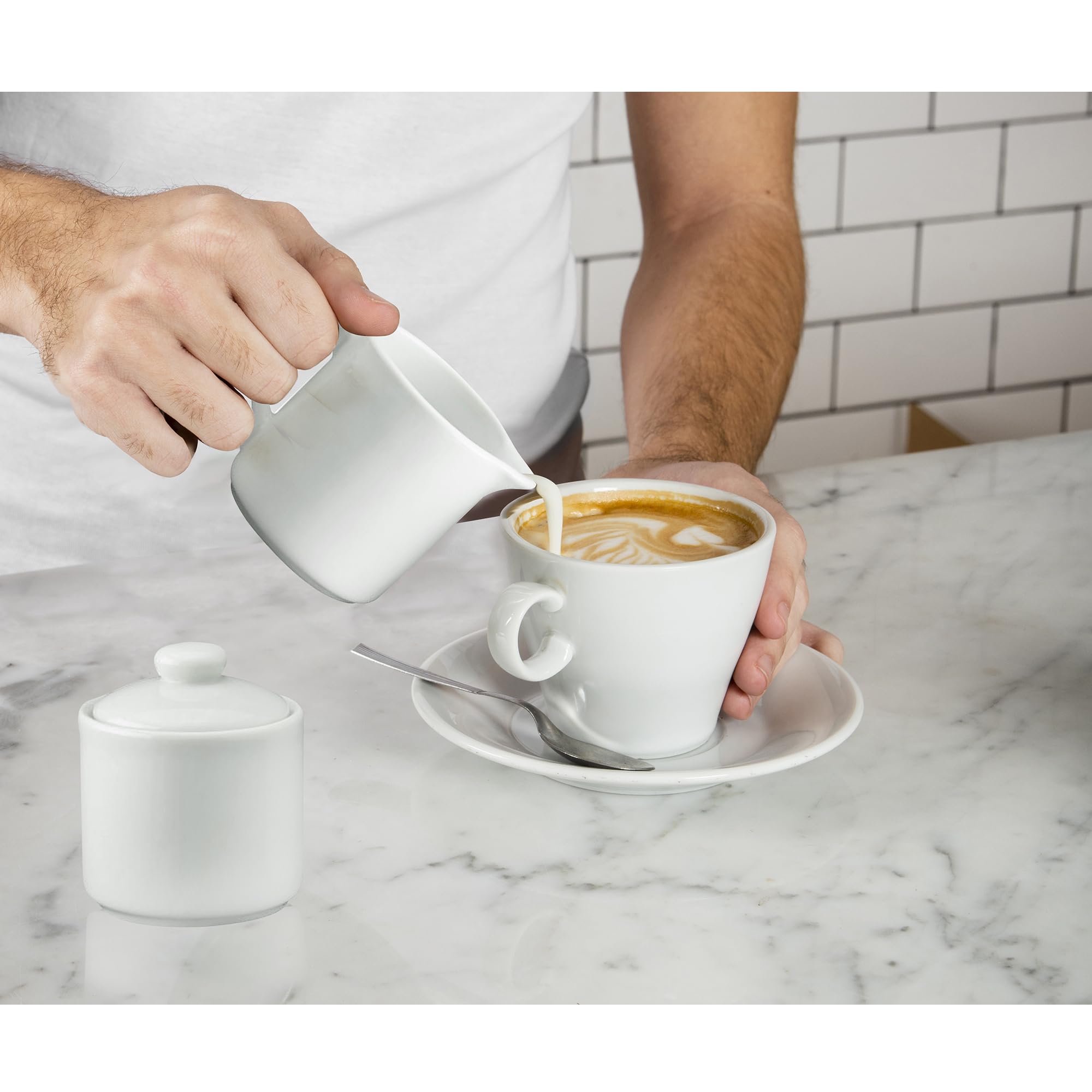 HIC Kitchen Contemporary Creamer And Sugar Bowl With Lid Set, Fine Porcelain, For Serving Sugar, Milk, Cream, Syrup, And Sauces, 3-Piece Set
