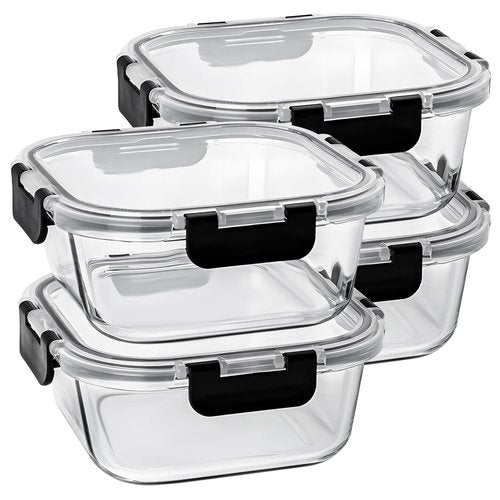 Hoenjuno 27 oz Glass Food Storage Containers with lids, 4 Pack Square Sandwich Containers/Box for Meal Prep, 3.3 Cup Glass Meal Prep Containers, Microwave, Oven, Freezer and Dishwasher, BPA-free