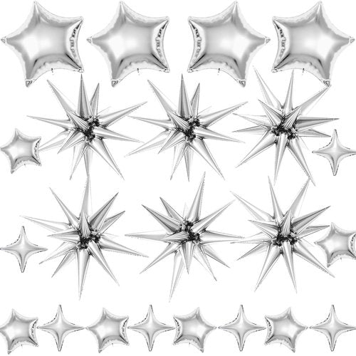 22 Pcs Silver Star Balloons,22/18/10 Inch Star Foil Mylar Balloon,Spike Balloon and Four Pointed Balloons for Party Supplies Christmas Birthday Wedding Photo Booth (Silver)