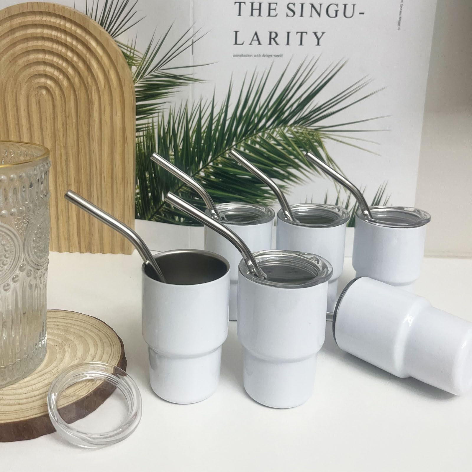 BEDAZE 3 oz Mini Tumbler Shot Glass with Straw，Sublimation Double layer metal Blank Stainless Steel Cute Shot Glasses Set with Lids for Party drinks, coffee, cocktails (12pcs-white)