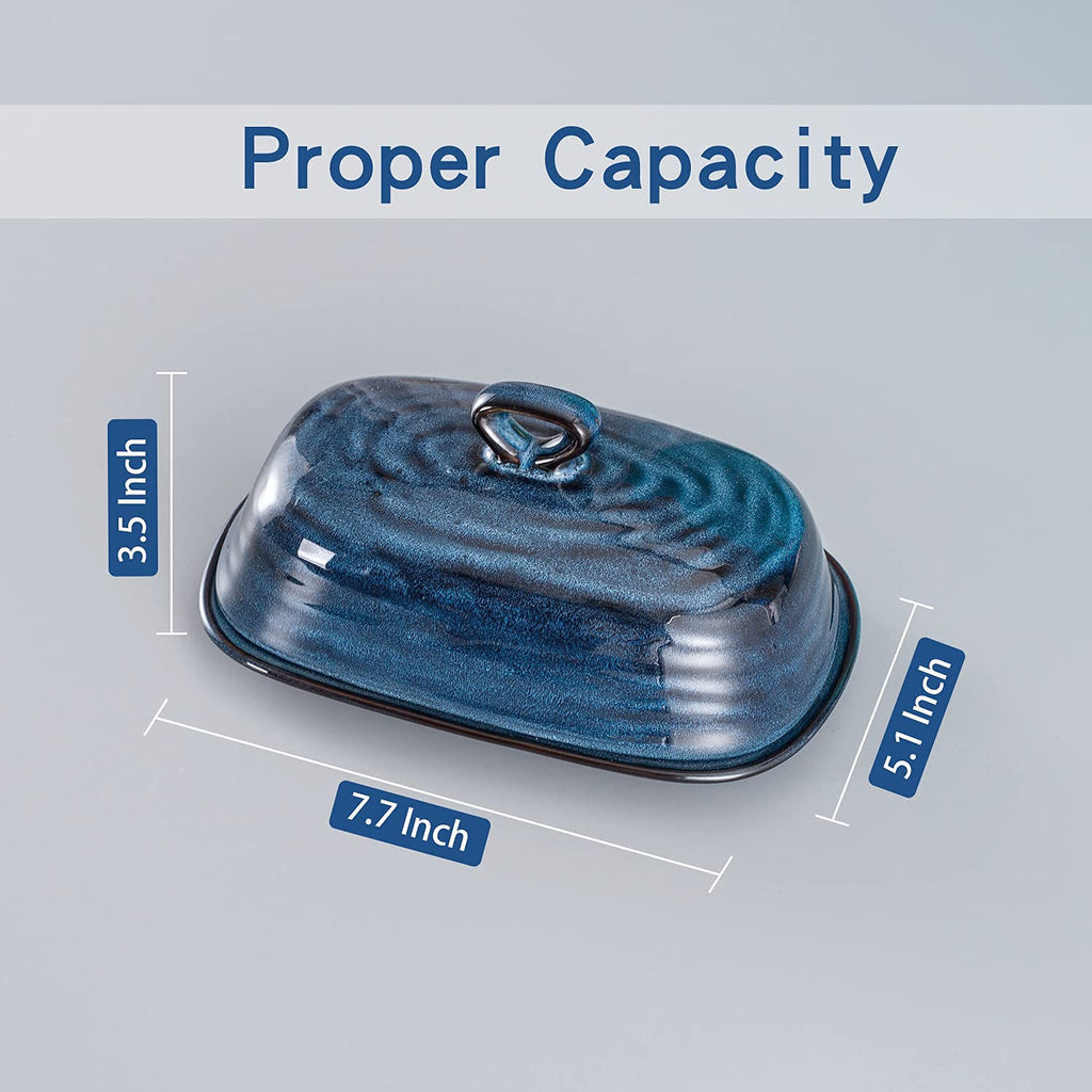 Tikooere Butter Dish with Lid, Ceramic Butter Keeper Holder with Cover and Handle for Countertop, Porcelain Butter Container for East West Coast Butter, Butter Tray for Kitchen Gift, Blue