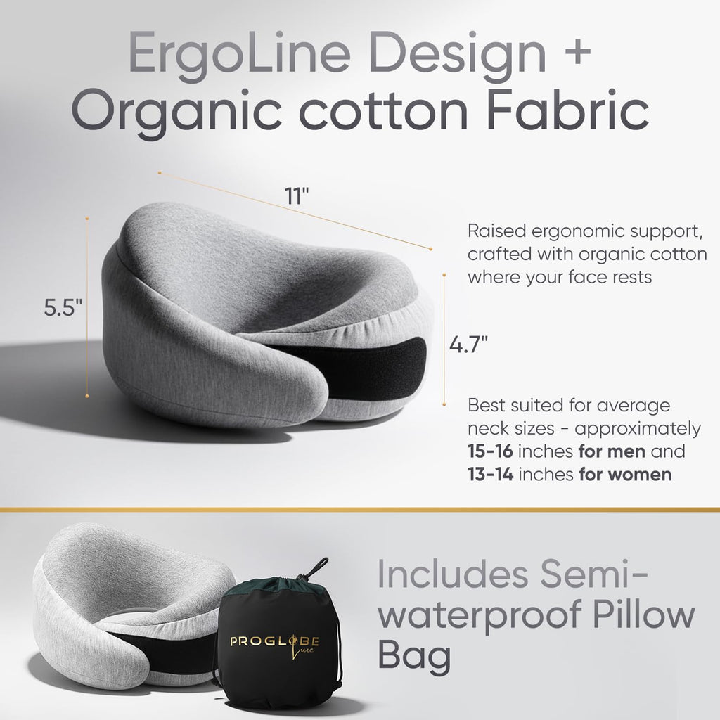 Proglobe Luxe Memory Foam Travel Neck Pillow for Airplanes, Ergonomic 360° Neck and Chin Support, Organic Cotton Cover, Compact Compression Bag, Light Gray