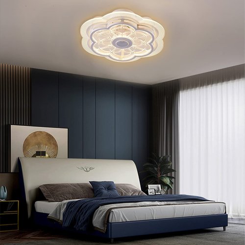 Ceiling Fan with Lights Remote Control, Enclosed flower light fan, with Bluetooth Speaker 3 Colors Dimmable 6 Speeds, Flush Mount Bladeless Petal Chandelier APP Control 19.6 In for Bedroom, Indoor
