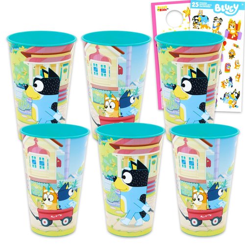 Bluey Reusable Tumbler Cup Pack - Themed Party Favor 6 Piece Bundle with 24 Oz Cups Measuring 6" Tall Plus Stickers, More | Bulk Bluey Water Tumblers
