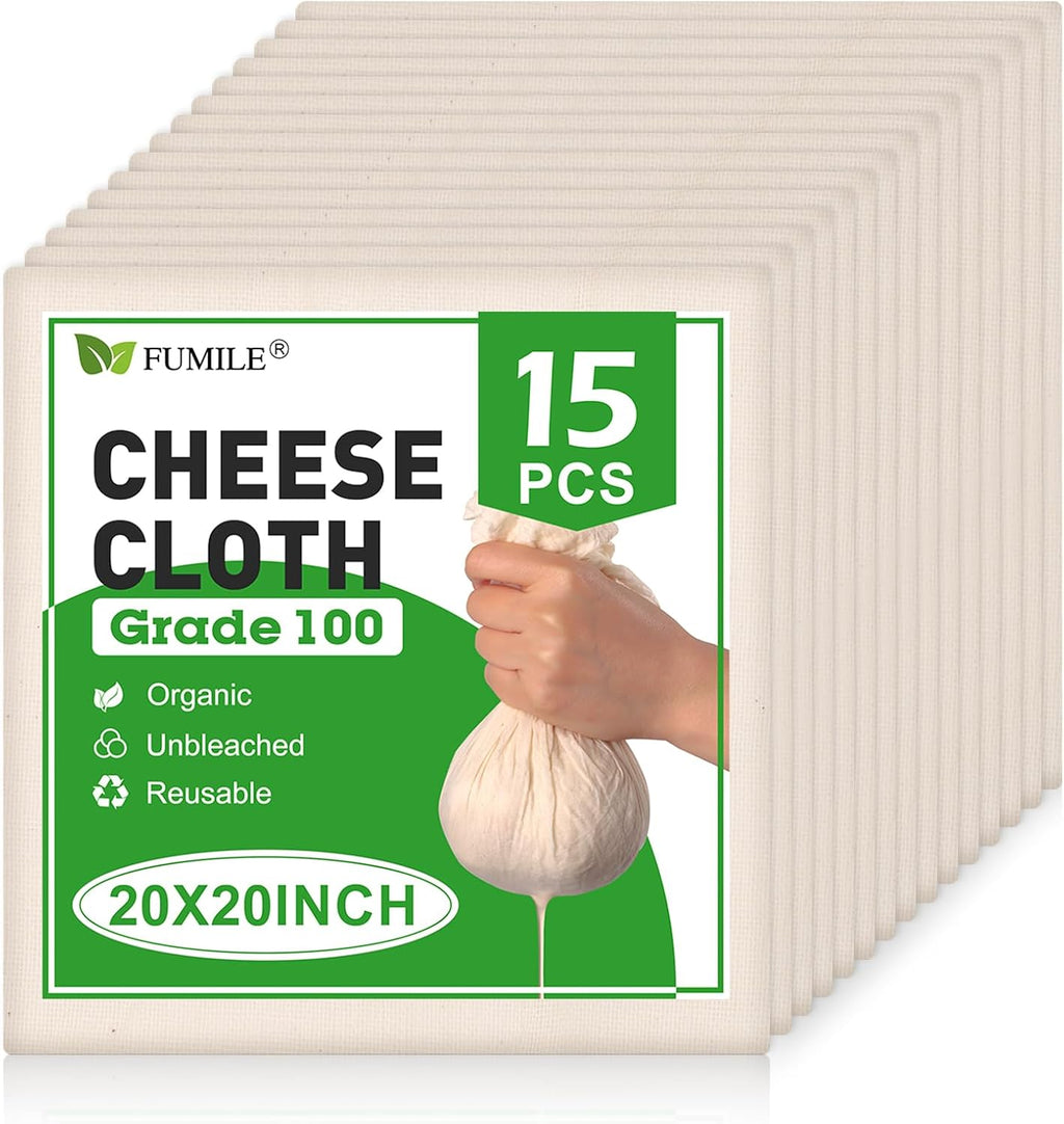 Skiennix Cheese Cloths - 15 PCS Organic Cotton Straining Cloths, 20x20 Inch, Reusable & Hemmed Edge