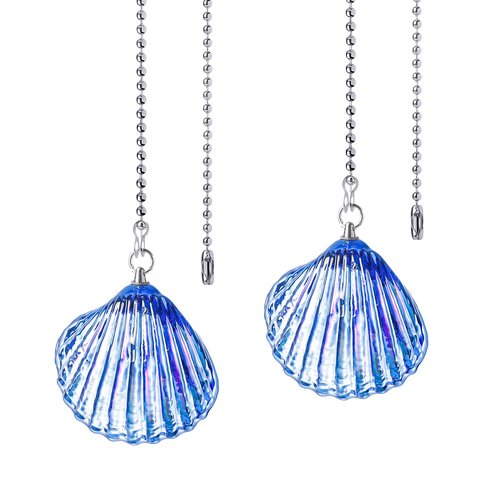 LONGSHENG - SINCE 2001 - 2 Pack Silver Ceiling Fan Pull Chain Extension, Blue Glass Shell Shaped Pendant Pull Chains for Ceiling Fans and Lights, Decorative Fan Pulls Extenders with Connector