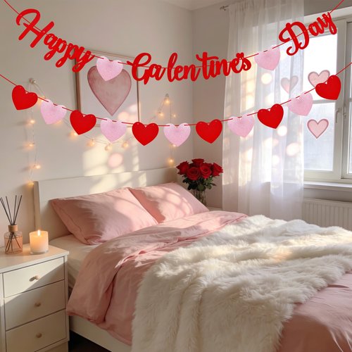 Happy Galentines Day Banner with Red Glitter and Pink Heart Garland Romantic Valentine's Decorations for Indoor and Outdoor Use Create Festive Atmosphere Love Theme