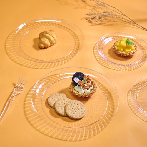 FOCUSLINE 100 Count Clear Plastic Plates 7 Inch, Disposable Heavy Duty Salad Dessert Plates- Premium Hard Plastic Plate Fancy Disposable Clear Plate for Weddings, Parties and Events