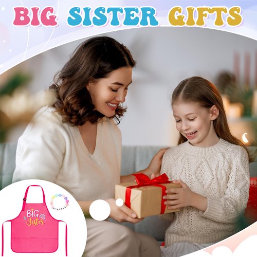 XLSXEXCL Big Sister Apron with Pockets, “Big Sister” Funny Apron Gifts for Girls, Adjustable Toddler Apron for girls for Cooking, Baking, Painting, Gardening (Pink)