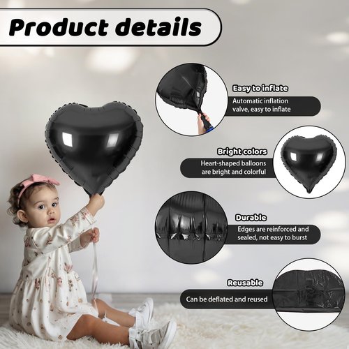 Black Heart Balloons, Heart Shaped Ballons, 20 Pcs 5/10/18 inch Different Sizes Black Foil Love Balloons for Valentine's Day Decorations Wedding Engagement Bridal Showers Anniversary Celebrations