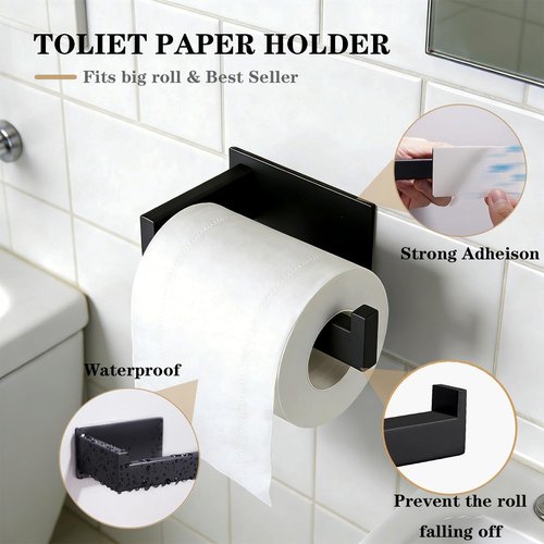 Vanloory 5 Pieces Self Adhesive Bathroom Hardware Set-SUS304 Stainless Steel-Towel Rack Set Include 16″Towel Bar+Toilet Paper Holder+3 Towel/Robe Hooks Bathroom Accessory (Matte Black, 16 in)