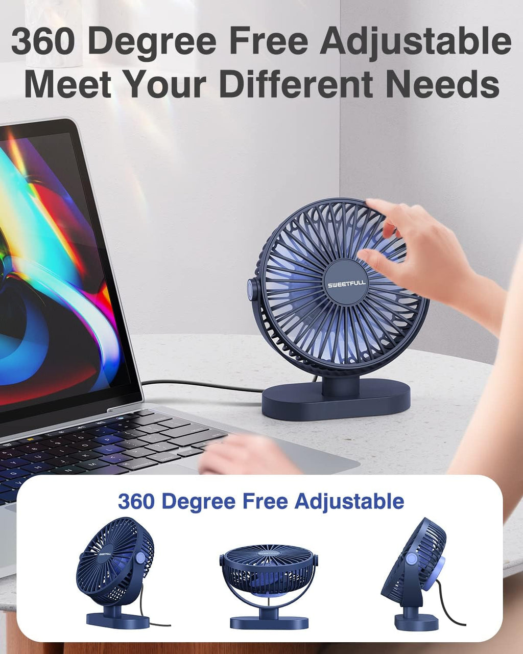 Sweetfull Small USB Desk Fan - Portable 3-Speed Mini Fan with 360° Adjustment | Quiet Operation in Blue
