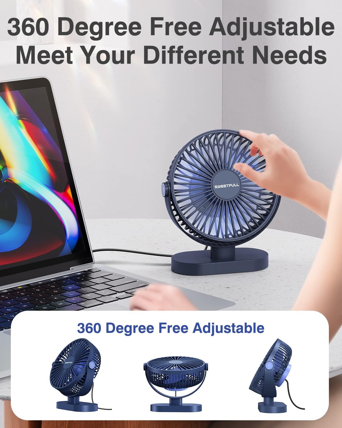 Sweetfull Small USB Desk Fan - Portable 3-Speed Mini Fan with 360° Adjustment | Quiet Operation in Blue