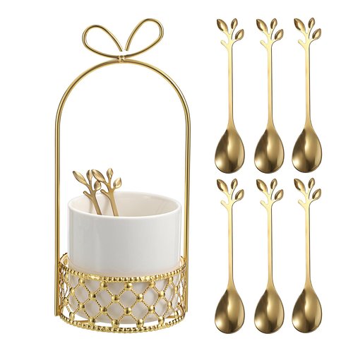 ELLDOO Coffee Spoon Set, White Ceramic Holder with 8 Stainless Steel Gold Leaf Coffee Spoons, Creative Flatware Set for Stirring, Mixing, Sugar, Ice Cream, Cake (8 x Spoons)