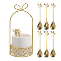 ELLDOO Coffee Spoon Set, White Ceramic Holder with 8 Stainless Steel Gold Leaf Coffee Spoons, Creative Flatware Set for Stirring, Mixing, Sugar, Ice Cream, Cake (8 x Spoons)