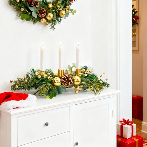 MrMrKura Christmas Tabletop Centerpiece - 3 Candle Holders with Pine Cones & Red Berries | Gold Decor