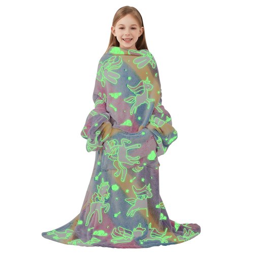 Softan Kids Snuggies Wearable Fleece Blanket with Sleeves & Foot Pocket for Kids Girls Boys, Lightweight Soft Blanket,Glow in the dark Rainbow Unicorn