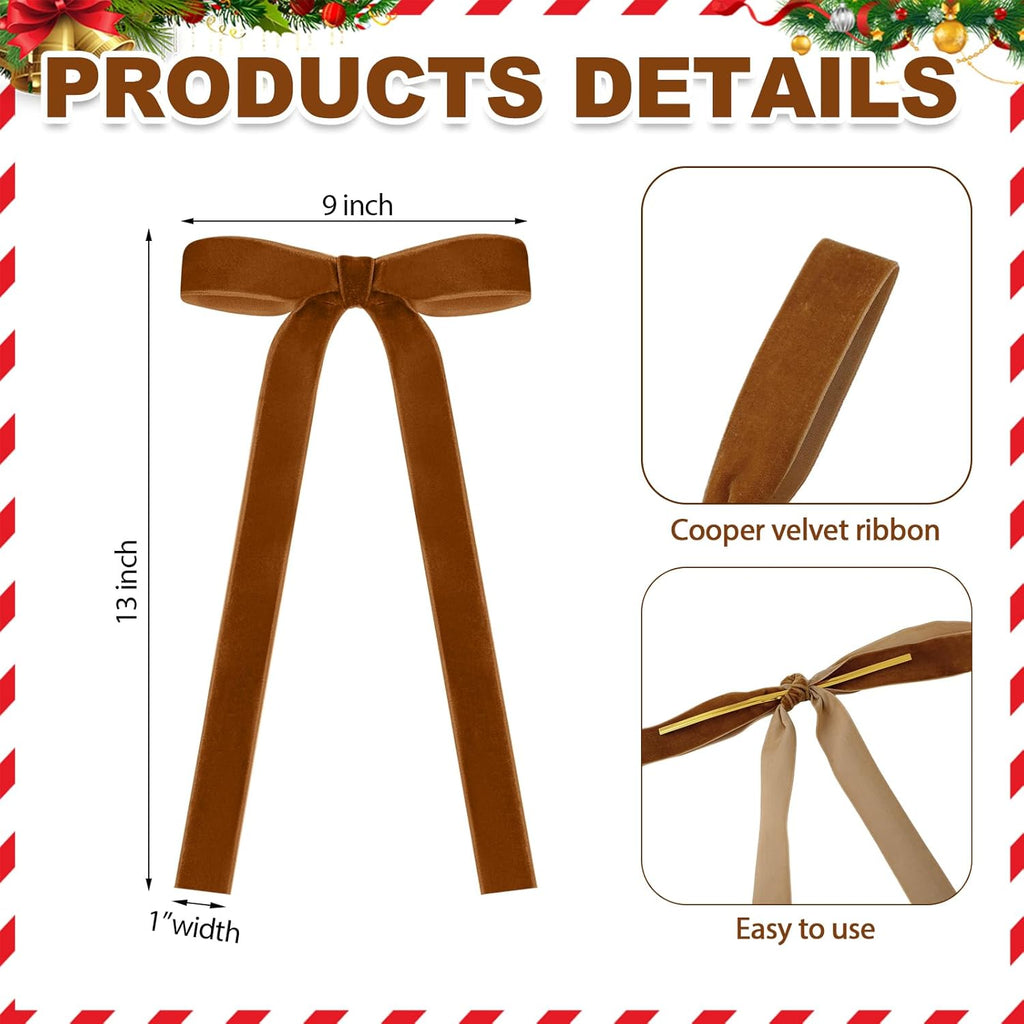 Skiennix 24 Pcs Velvet Bows - Vintage Ribbon Bows for Christmas Tree & Crafts | 9 x 13 Inch, Copper