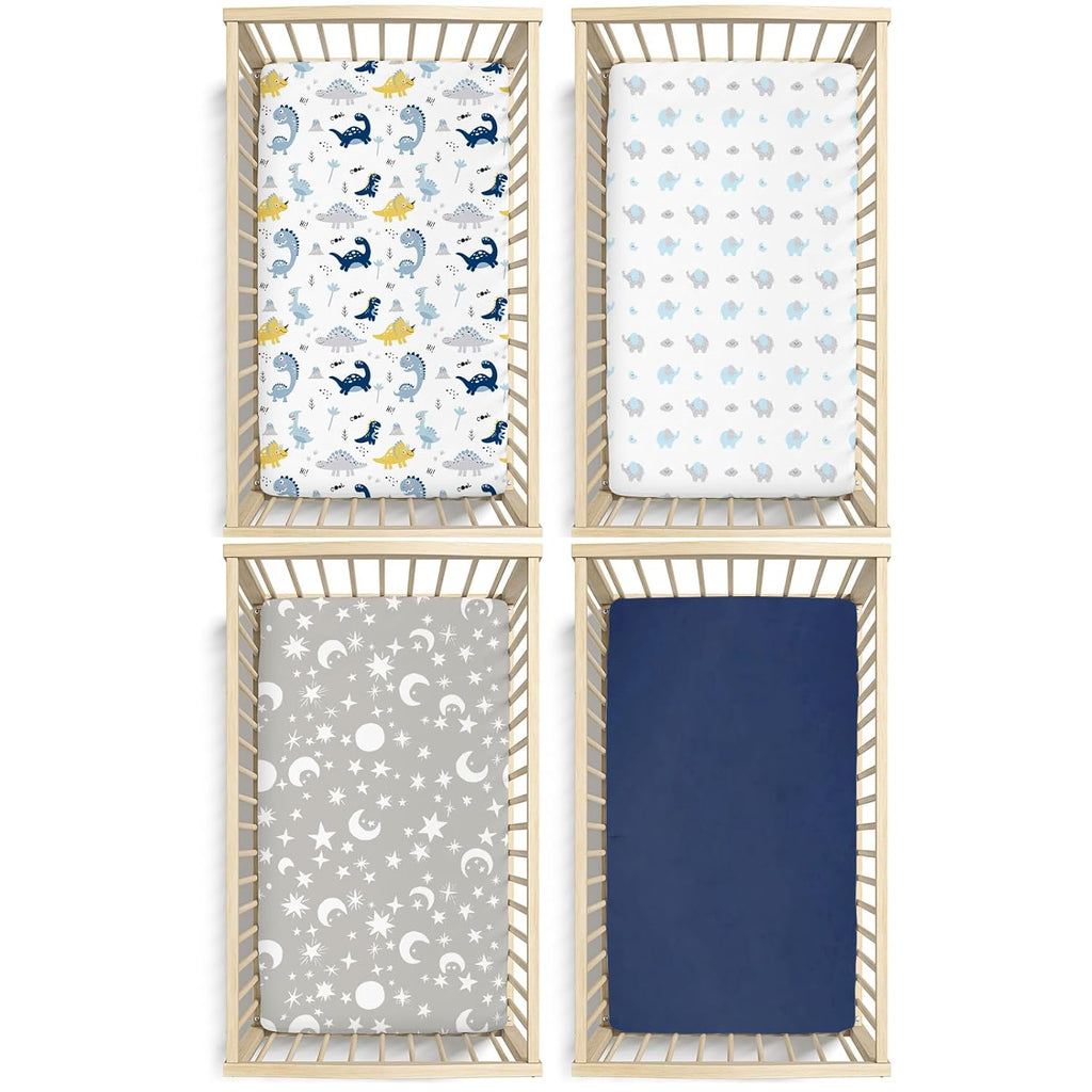 Plushii Crib Sheets - Extra Soft Microfiber Set for Baby Boys | 4 Pack, 28"x52", Dinosaur & Elephant Designs