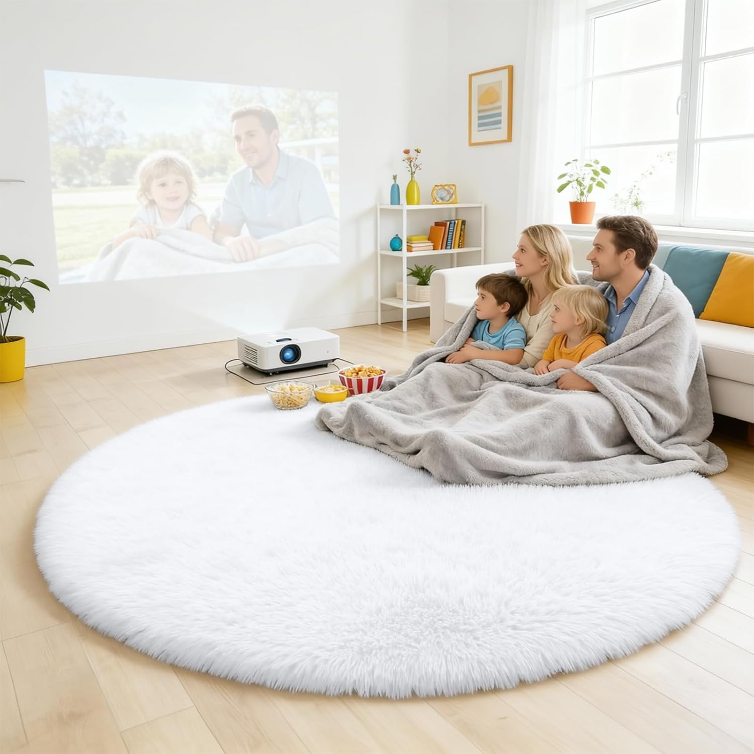 OLANLY White Round Rug - Soft, Fluffy Shaggy Carpet | 5 ft Machine Washable Area Rug for Bedroom & Living Room