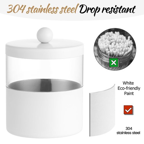 Gaussra White Apothecary Jars, White Qtip Holder - Stainless Steel Bathroom Jar with Stickers - Farmhouse Decor Qtip Dispenser for Qtips, Cotton Balls, Swabs, Makeup Sponges (2-Pack)