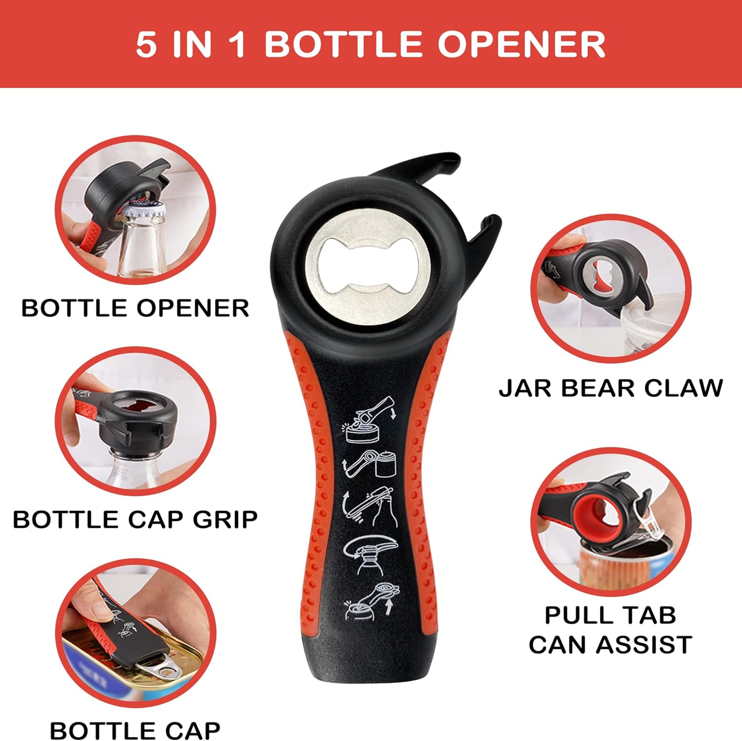 Skiennix Jar Opener - 5-in-1 Multi-Function Tool for Weak Hands & Arthritis - Non-Slip Grip Pad (Red)