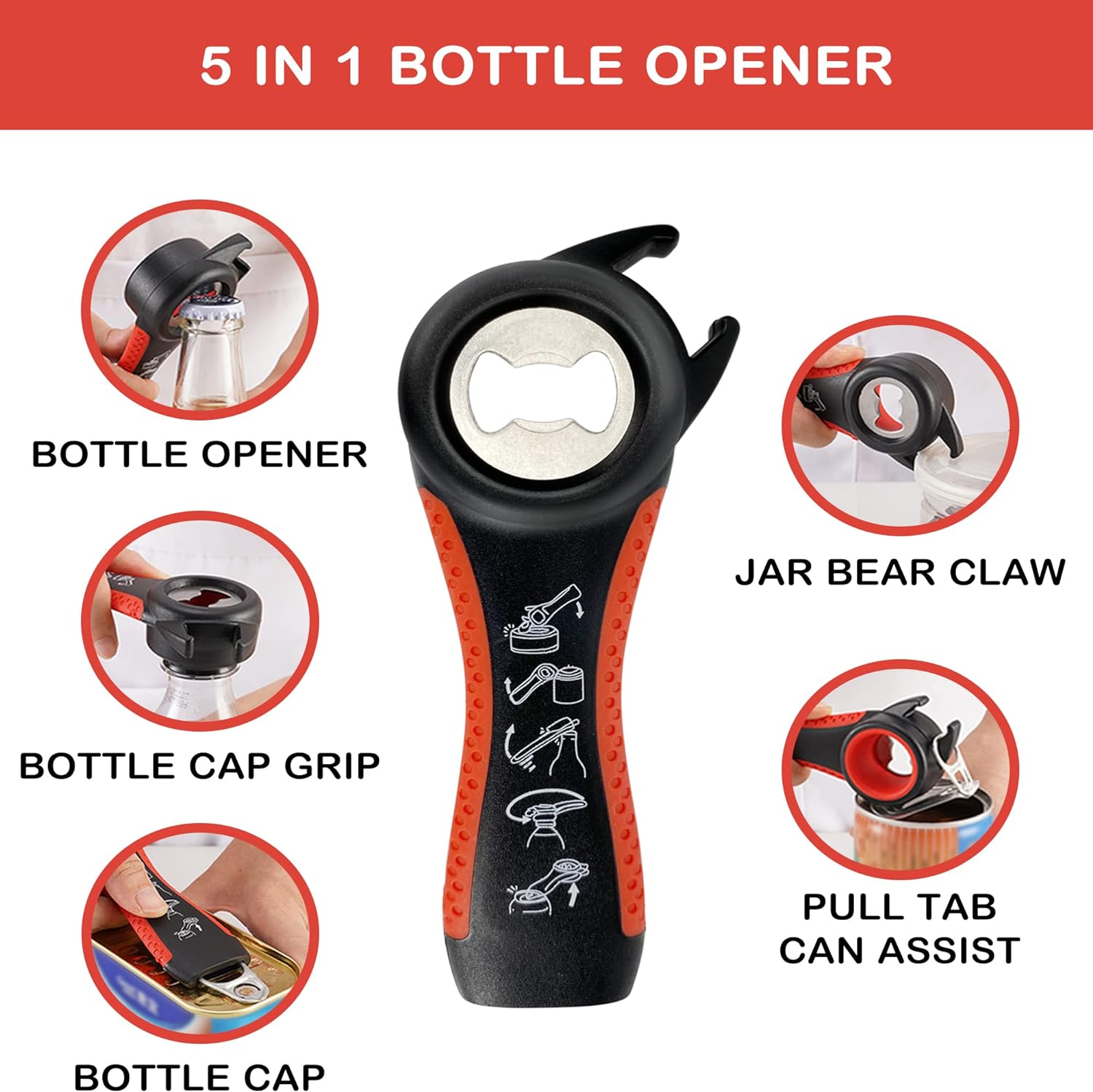 Skiennix Jar Opener - 5-in-1 Multi-Function Tool for Weak Hands & Arthritis | Non-Slip Grip, Red