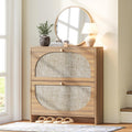 Nicetree Rattan Arched Accent Shoe Storage Cabinet - Freestanding Ultra Slim for Entryway, 2 Flip Drawers & 3-Tier Adjustable Shelves, Farmhouse Modern Rustic Shoe Rack for Hallway, Foyer, Living Room