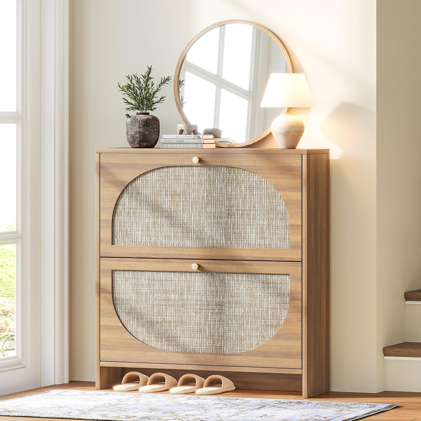 Nicetree Rattan Arched Accent Shoe Storage Cabinet - Freestanding Ultra Slim for Entryway, 2 Flip Drawers & 3-Tier Adjustable Shelves, Farmhouse Modern Rustic Shoe Rack for Hallway, Foyer, Living Room