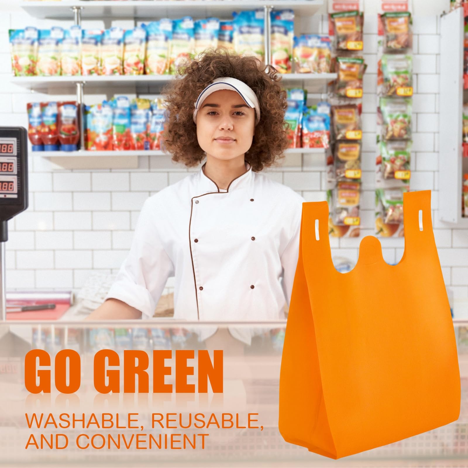 Windyun Large Grocery T-shirt Bags Bulk Reusable Non Woven Shopping Bag Foldable Gift Tote with Handle, 21x11x6 Inch(200 Pcs,Orange)