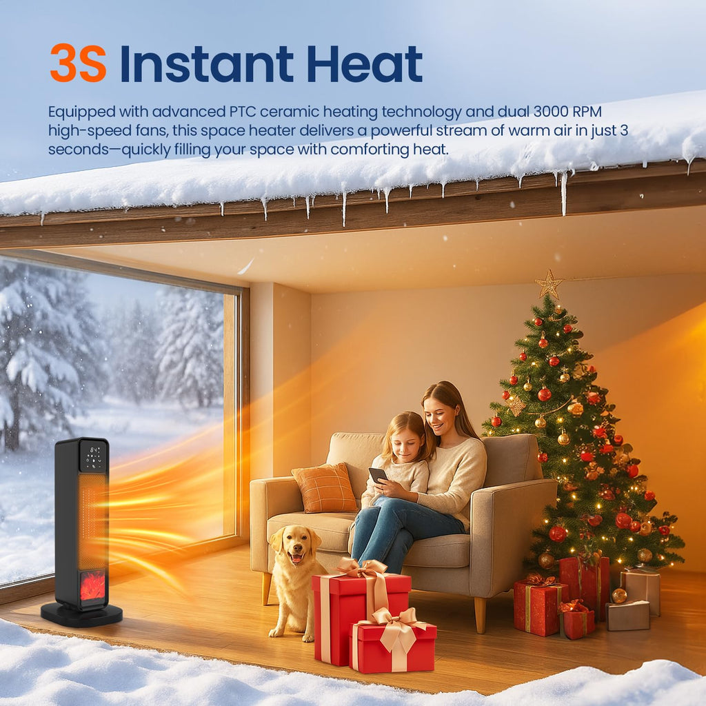 Space Heater Indoor, 1500W Electric Warm Air Blower with 3D Flame& 70° Oscillation Portable Indoor Ceramic Warmer for Bedroom & Office