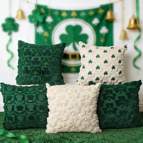 Heirloom Haven St Patrick’s Day Pillow Covers Set of 2, Beige Shamrock Green Embroidery Irish Soft Plush Faux Fur Jacquard Embroider Decorative Holiday Farmhouse Cushion Case for Sofa 18 x 18 Inch