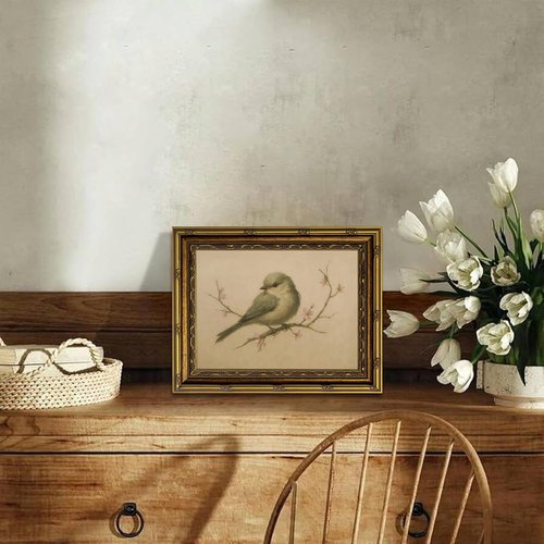 Myzoran Gold Framed Bird Canvas Wall Art - Vintage Aesthetic Cherry Blossom Print | 9x11in for Living Room & Nursery Decor