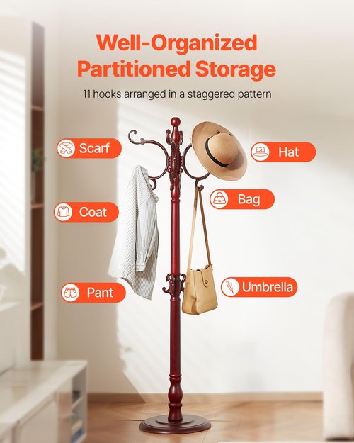 VEVOR Coat Rack Freestanding, Wooden Coats Rack Stand with Weighted Base & 11 Hooks, Free Standing Hall Coat Tree for Entryway, Bedroom, Living Room, Modern Clothes Hanger Stand for Coats, Hats, Bag
