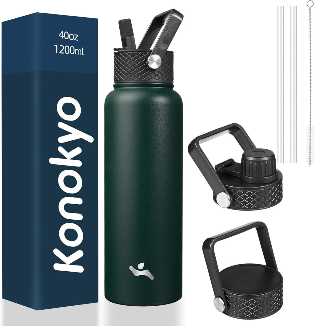 Skiennix 40oz Insulated Water Bottle - Durable Stainless Steel | 3 Lids, Army Green Color