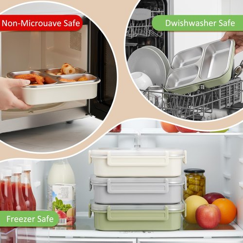 Ferrochef 3 Pack Stainless Steel Lunch Boxes 25 oz 3 Compartment Metal Bento Box with 3 Pcs Condiment Containers and Leakproof Lids for Office Outdoor and Gym, Dishwasher Safe
