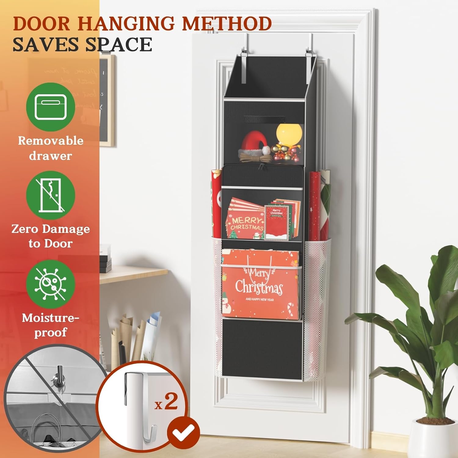 Ofiray Home 2-in-1 Wrapping Paper Organizer - Over Door or Under Bed Storage with Removable Drawer & 4 Clear Pockets