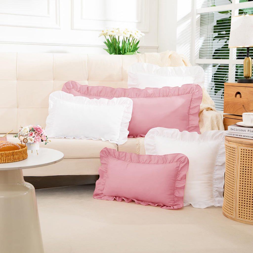 Yvrcen Pink Ruffle Lumbar Pillow Cover 12x20 Inch, Ruffled Cushion Case Covers for Couch Sofa Bed Living Room, Decorative Farmhouse Throw Pillow Cover, Pack of 1
